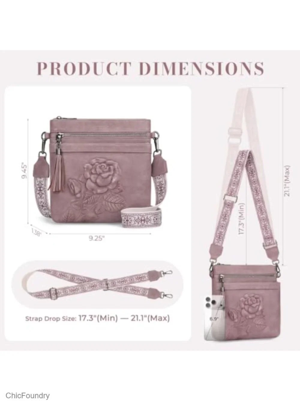 Vegan Leather Crossbody Bag Women Floral Embossed Purse